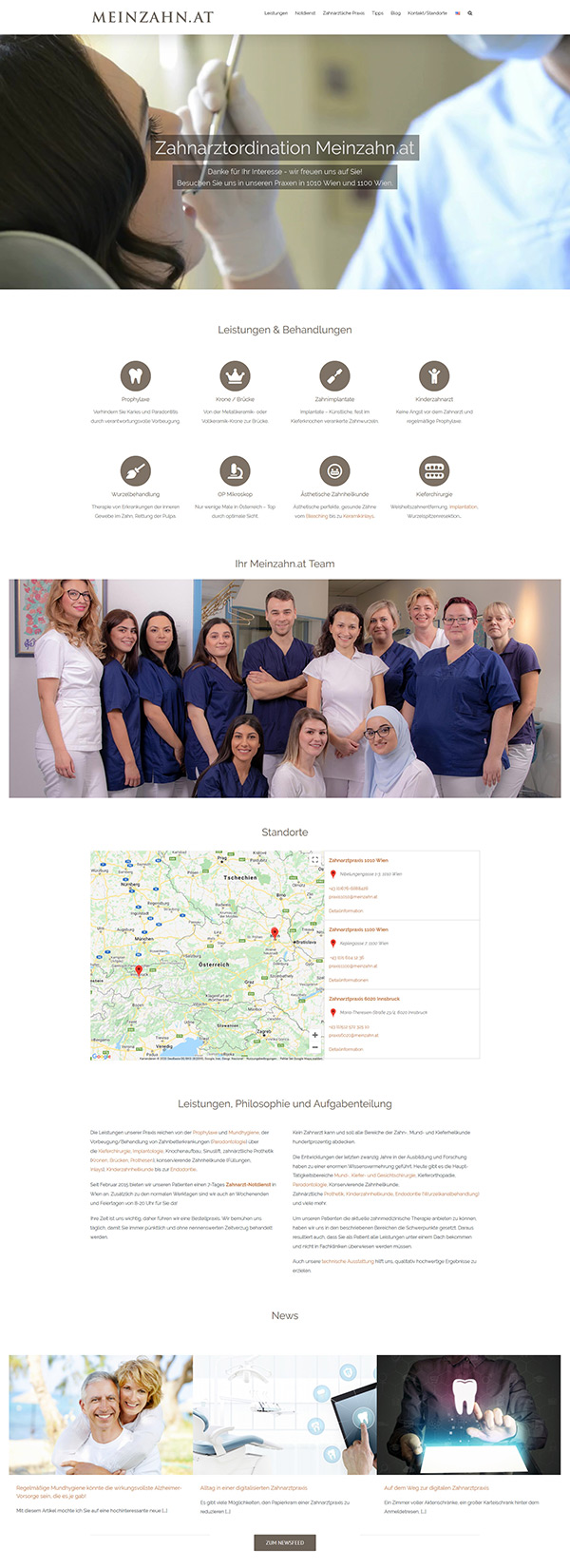 Website für Zahnarzt Praxis "Meinzahn" in Wien und Innsbruck
